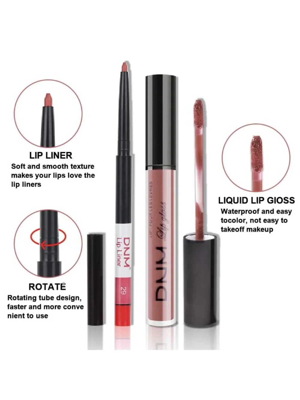 DNM 29# Antique Rose 2Pcs 24H Long-Lasting Matte Liquid Lipstick and Lip Liner